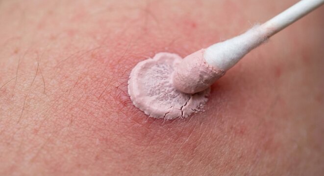 Applying pink calamine lotion to red insect bite on skin