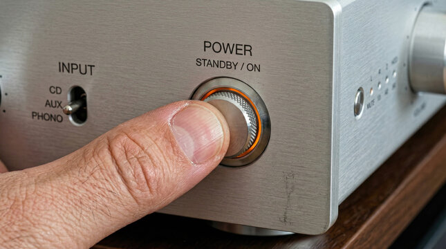 Close-Up of Male Hand Pressing Power Button on Silver Vintage Audio Amplifier Receiver