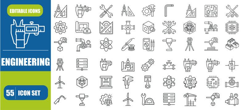 Engineering Editable Line Icon Set &ndash; Civil, Mechanical, Electrical, Software & Computer Engineer Vector Icons

