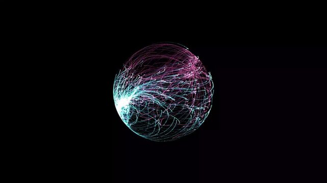 Abstract glowing sphere made of light particles against a black background energy dark motion science technology