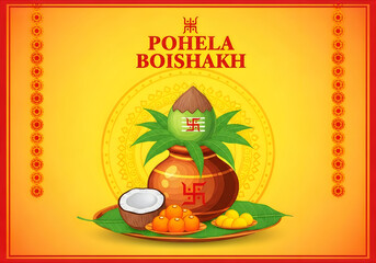 Fototapeta premium Pohela Boishakh traditional Bengali New Year greeting with auspicious symbols and offerings like coconut and sweets