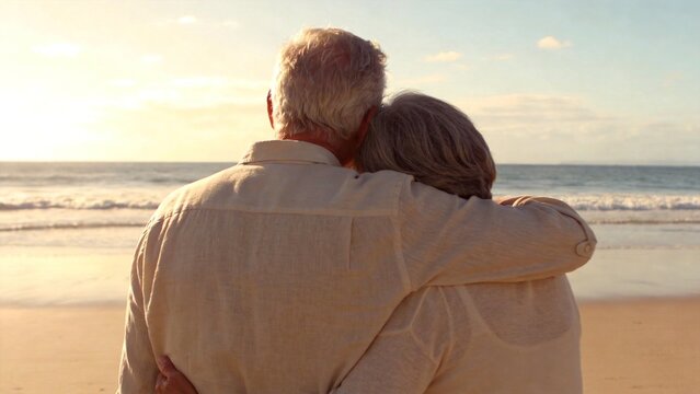 Elderly couple embracing on beach