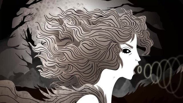banshee ghost woman screaming in misty forest at night 