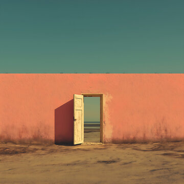 An open wooden door standing alone in the middle of a vast empty pink desert