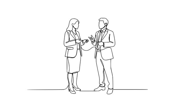 Continuous line drawing of two people talking business conversation minimal one line art vector illustration