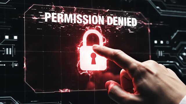 Digital security alert Permission denied message on a futuristic interface, signifying restricted access and robust cyber protection protocols and enhanced data privacy measures