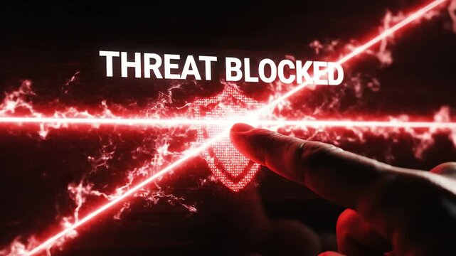 Digital security alert threat blocked with shield icon and red laser grid, cybersecurity concept