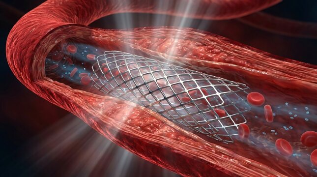 Close up view of a stent deployed inside a blood vessel with red blood cells and plasma