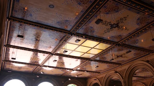 New York City Central Park Bethesda Terrace celling in United States. Arches architecture in NYC Manhattan Midtown, USA. American historic monument near fountain