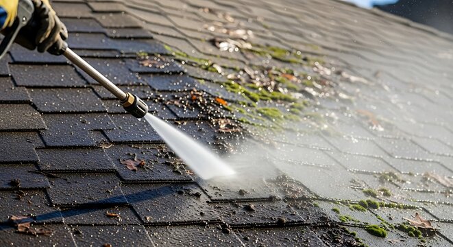 Roof Cleaning - High-Pressure Washing Removes Debris and Algae.