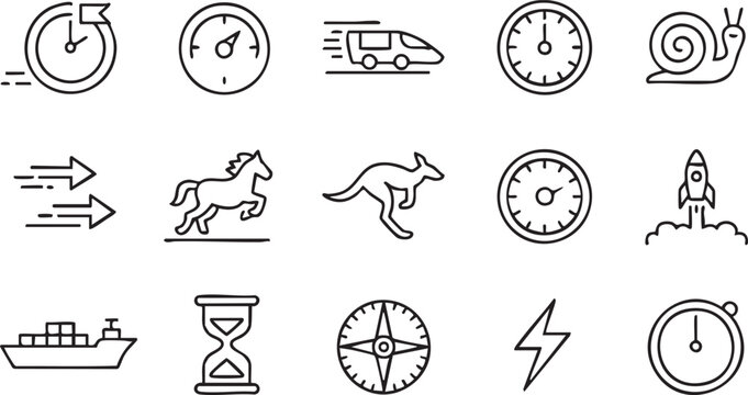 Speed and performance icon set with stopwatch rocket transport and motion symbols for fast delivery design