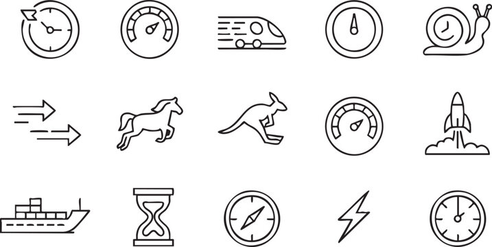 Fast motion icons collection with speedometer arrows train and timing symbols for performance concepts