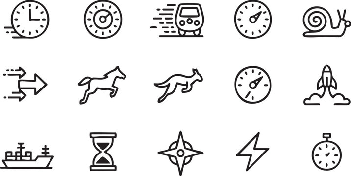 Performance and motion icons featuring speed arrows transport and timing symbols for dynamic design