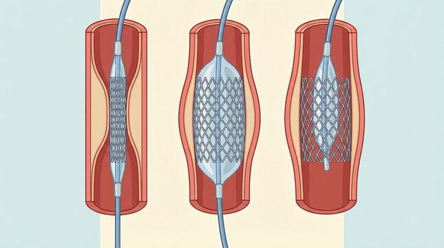 Medical illustration of a blood vessel with angioplasty balloon and stent deployment stages
