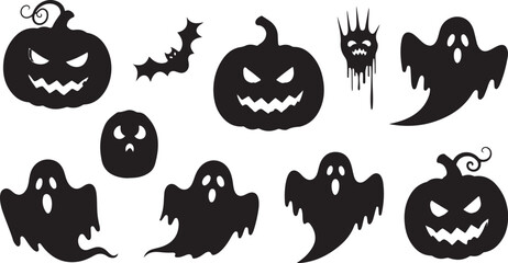 Obraz premium Halloween icons set with spooky ghosts and pumpkins