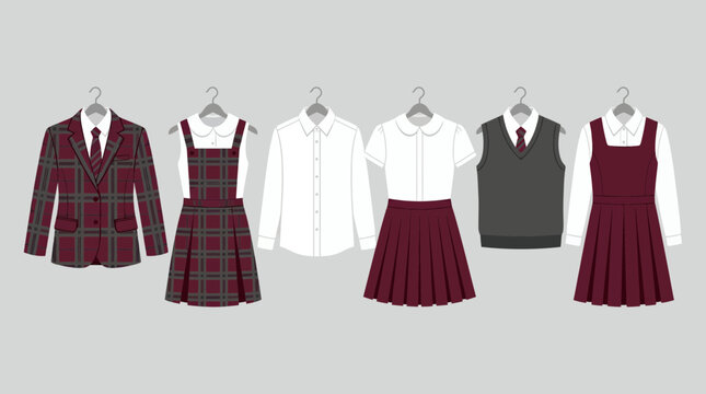 Collection of school uniform apparel sets including plaid blazers skirts shirts and vests hanging on a grey background, representing student fashion retail illustrating academic dress codes