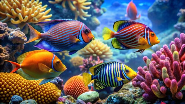 Vibrant underwater ecosystem teeming with colorful marine life and captivating coral formations creating a beautiful aquatic spectacle