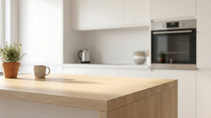 Fototapeta premium Modern wooden kitchen island with potted plant and oven background for home decor website