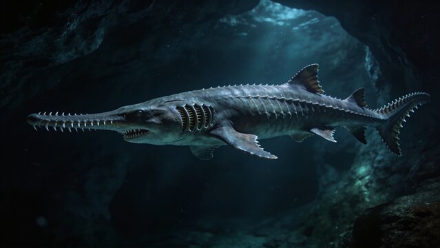 Mysterious Sawshark Gliding Through Dark Underwater Cave with Ethereal Light Rays