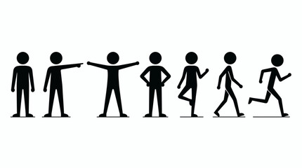 Fototapeta premium Set of black human stick figure silhouettes performing various actions like standing, pointing, walking and running, Represents human movement evolution and provides versatile icons