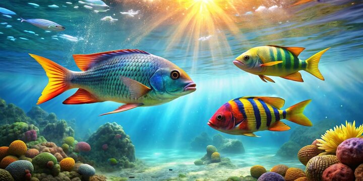 Beneath shimmering sunbeams, vibrant aquatic life explores a colorful coral garden, a tranquil underwater world teeming with diverse marine creatures.