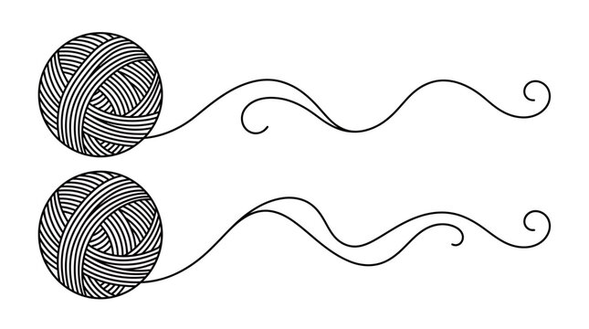 Two minimalist black balls of yarn with wavy thread lines on white background, representing professional handmade knitting crafts and symbolizing a creative sewing hobby branding identity