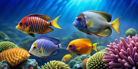 Fototapeta premium Vibrant marine life flourishes amidst colorful coral formations in a sunlit azure ocean depth