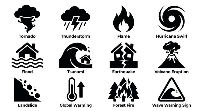 Set of black natural disaster and extreme weather icons including tornado, flood, earthquake and tsunami on white background, representing emergency preparedness, illustrating disaster relief safety