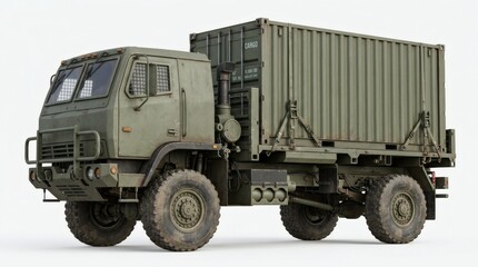 Obraz premium Heavy Duty Military Cargo Truck with Container Module Isolated on Clean Background Modern Tactical Logistics Vehicle for Army Transport Supply and Field Operations High Detail