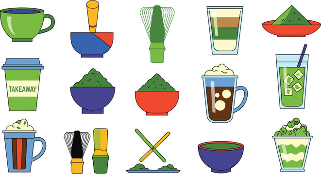 Matcha Green Tea Vector Set with Latte Powder Whisk Bowl Drinks Isolated on White Background
