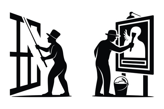 Chimney sweep cleaning and window washer with squeegee worker silhouettes