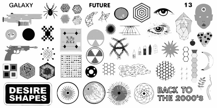 Collage of abstract shapes symbols and objects in black and white