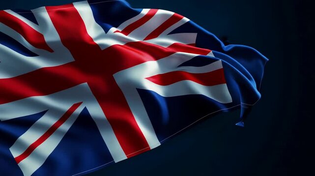 United Kingdom flag waving in wind with dramatic lighting symbolizing national identity and pride