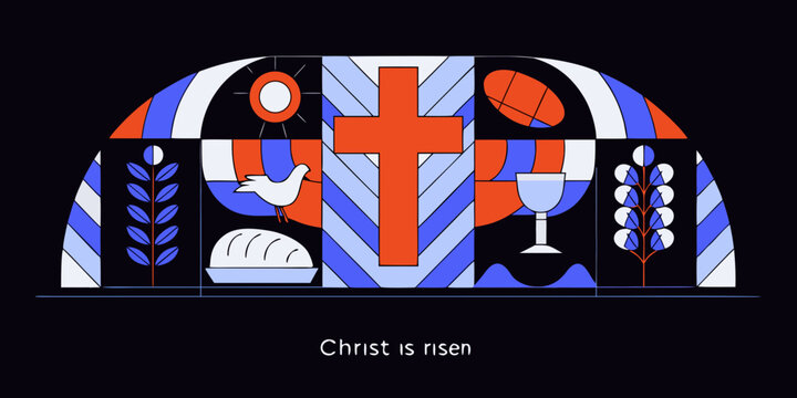 Stylized stained glass window depicting religious symbols of christianity