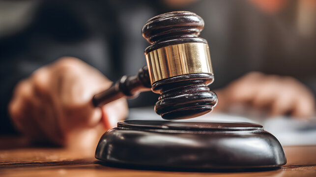 Judge wearing black robe hitting wooden gavel on sound block in courtroom scene
