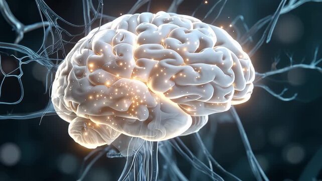 Computer generated artwork showing a human brain with neural connections and glowing effects representing activity and function in a dark background