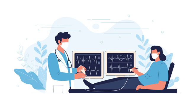 Medical professional monitors a female patient lying in a hospital bed while viewing heart rate data on digital screens.