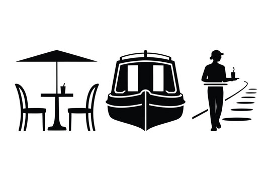 Set of black and white vector silhouettes showing cafe service and canal boat