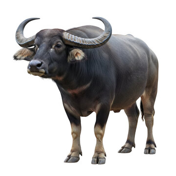 Full body view of a water buffalo with large curved horns isolated on a transparent background