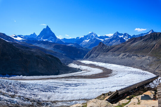 Mountain panorama with summits Matterhorn, Dent Blanche, Ober Gabelhorn and Zinalrothorn and glacier Grenzgletscher seen from Monte Rosa Hut in Pennine Alps, Switzerland