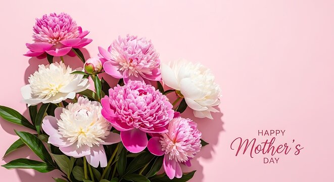 Soft pastel pink and white carnations bouquet with happy mothers day greeting on blush background