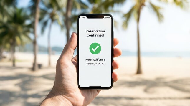 Reservation confirmed hotel booking shown on smartphone held at beach with palm trees for travel banner and background