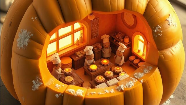 A tiny, illuminated diorama of three chefs baking bread inside a carved-out, glowing pumpkin. A cozy autumn scene full of miniature details
