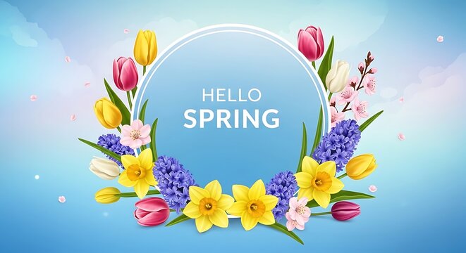 Vibrant spring floral wreath with hello spring text on light blue watercolor background