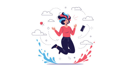 Fototapeta premium Joyful woman with vibrant multi-colored hair jumping in the air surrounded by clouds and abstract design elements in flat vector style.