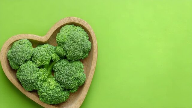 Fresh broccoli in heart-shaped wooden bowl on vibrant green background