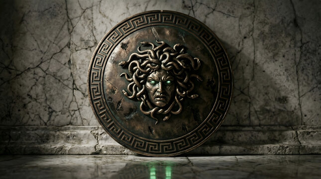 Ancient bronze Greek shield featuring a detailed Medusa Gorgon head with snake hair and glowing green eyes against a marble wall.