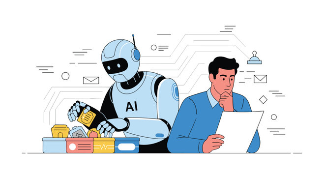 Futuristic concept illustration showing an advanced AI robot assisting a human worker with sorting components and analyzing data on a document.