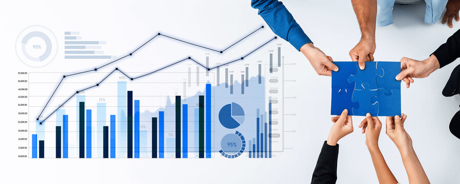 A business team collaborates in an office setting, analyzing financial data represented through charts and graphs, while hands hold documents and a puzzle piece. Scalp