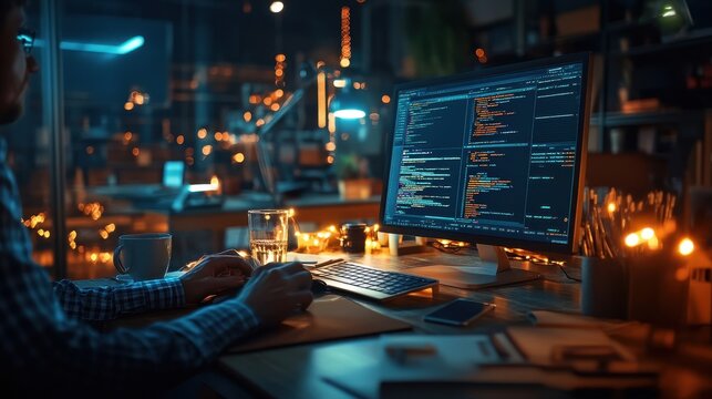 A person coding on a desktop computer in a dimly lit, modern workspace during nighttime.